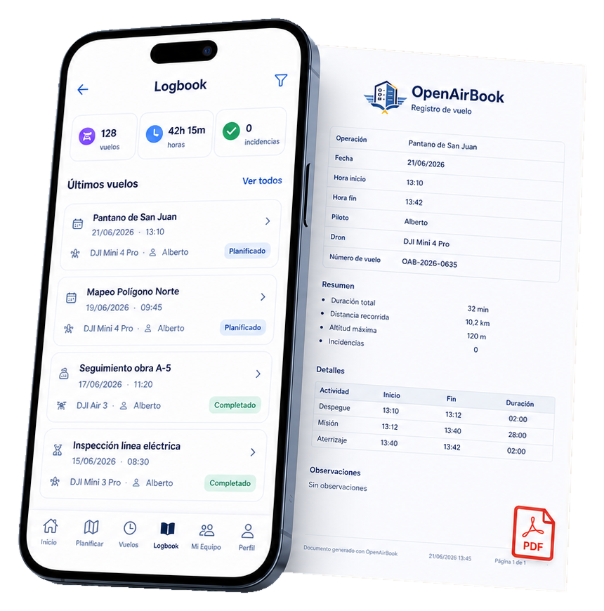 Logbook de OpenAirBook junto a su informe PDF